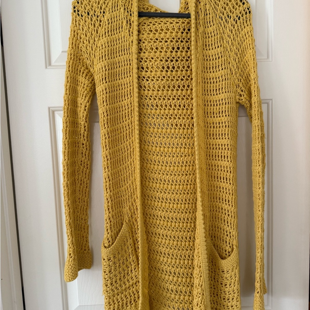 Anthropologie Charlie and Robin Mustard Yellow Open-Knit, Hooded Women Cardigan